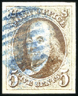 Stamp of United States » 1847 Issue 5c red-brown, large balance margins, blue cancel, 