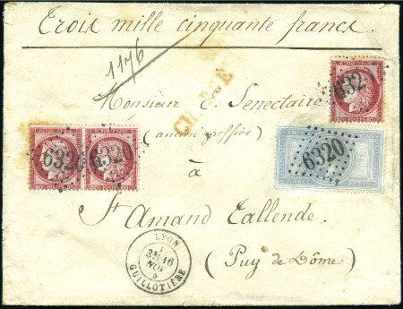Stamp of France 1862-70 5F Empire (déchiré) +80c Cérès x3 obl. GC6