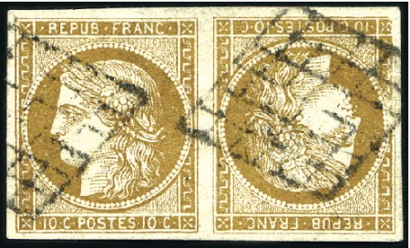 Stamp of France 1849 10c  bistre verdâtre en paire tête-bêche, obl