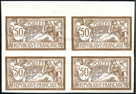 Stamp of France 1900 Merson 40c et 50c, non dentelé en bloc de 4 b