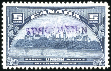 Stamp of Canada 1933 UPU 5c with double SPECIMEN overprint, one in