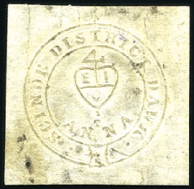 Stamp of India 1852 "Scinde Dawk" 1/2a white, large margins, ligh