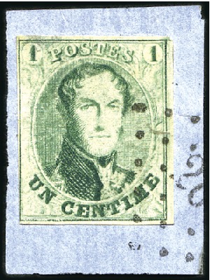Stamp of Belgium » Belgique. 1861 Médaillons allongés - Émission 1c Vert, bien margé, léger pli d'archive, oblitéra