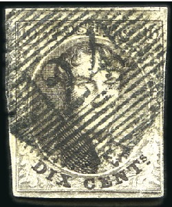 Stamp of Belgium » Belgique. 1851 Médaillons (filigrane sans cadre) - Oblitérations 26 BARRES DE BRUXELLES: 10c brun lég.touché à droi