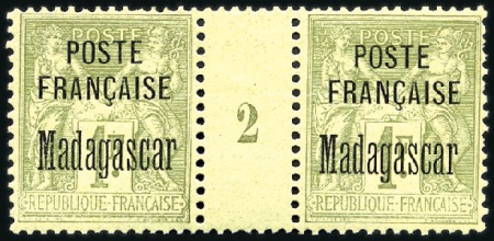 Stamp of Colonies françaises » Madagascar (Poste française) 1895 1F vert-olive en paire avec millésime 2, neuf