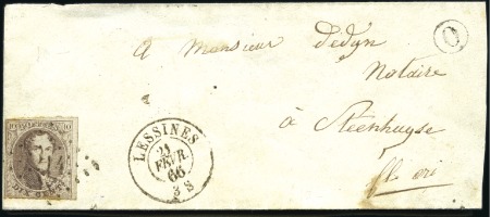 Stamp of Belgium » Belgique. 1861 Médaillons allongés - Émission 10c Brun, touché en bas, oblitération du losange à