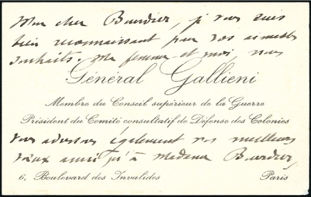 Stamp of Colonies françaises » Madagascar (Poste française) 1908 Autographe du Général Gallieni sur carte de v