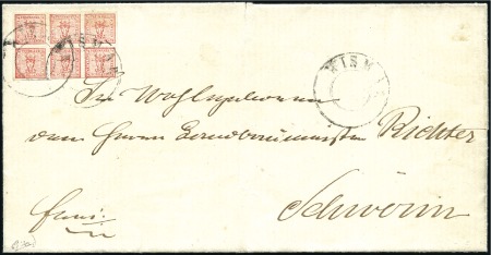 Stamp of German States » Mecklenburg Schwerin 1856 1/4s red in block of six on cover from Wismar