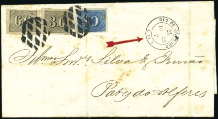 Stamp of Brazil 1854 10r blue +30r black +60r black on 1866 cover 