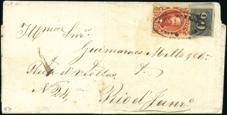 Stamp of Brazil 1850 90r black together with 10r Don Pedro on cove