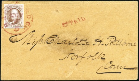 Stamp of United States » 1847 Issue 5c red-brown, good even margins, tied cds in red o
