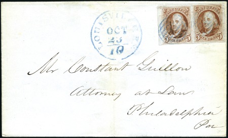Stamp of United States » 1847 Issue 5c red-brown, pair, close to very large margins wi
