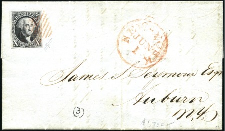 Stamp of United States » 1847 Issue 10c black, just clear to good margins, tied red gr