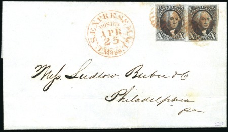 Stamp of United States » 1847 Issue 10c black, pair, good margins, tied red grid cance