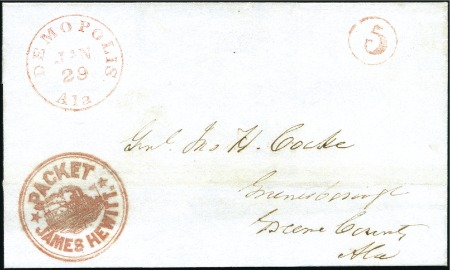Stamp of United States Fancy red "PACKET / JAMES HEWITT" cachet on on fol
