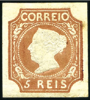 Stamp of Portugal 1853 Queen Maria II, 5r reddish brown, die I, fres