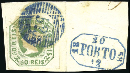 Stamp of Portugal 1853 Queen Maria II, 50r green, large margins all 