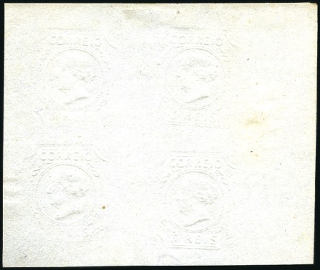 Stamp of Portugal 1853 Queen Maria II, 5r in albino proof block of f