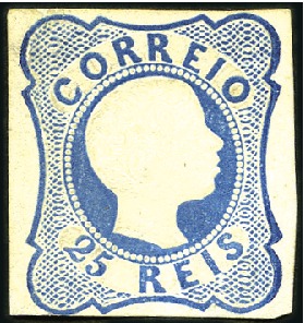 Stamp of Portugal 1856 King Pedro V, curled hair, 25r blue, TYPE I w
