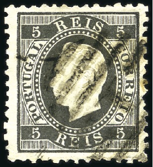 Stamp of Portugal 1870-76 King Luiz, straight labels, 5r black, PERF