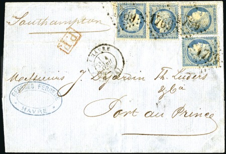 Stamp of France 1871-75 25c bleu avec GRANDE CASSURE plus trois ex
