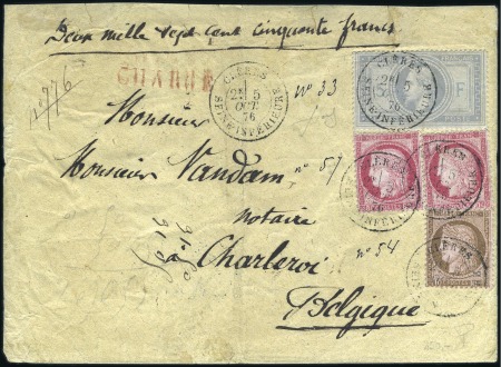Stamp of Belgium » Belgique. 1869-83 Nouveaux types et nouvelles valeurs - Émission 1876 Rare lettre chargée pour la Belgique avec Fra