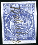 Stamp of Ecuador » 1865-72 First Issue 1/2r Blue, pair and single respectively cancelled 