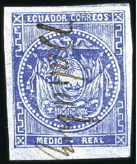 Stamp of Ecuador » 1865-72 First Issue 1/2r Blue, pair and single respectively cancelled 