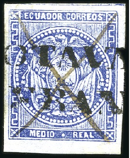 Stamp of Ecuador » 1865-72 First Issue 1/2r Blue, two singles respectively cancelled by O