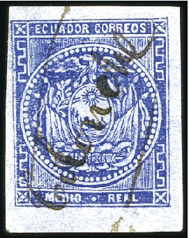 Stamp of Ecuador » 1865-72 First Issue 1/2r Blue with ms COLONCHE, light crease, a rare c