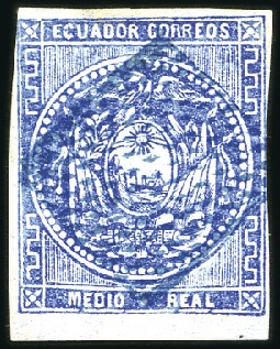Stamp of Ecuador » 1865-72 First Issue 1/2r Blue with diagonal dotted lines mute cancel, 