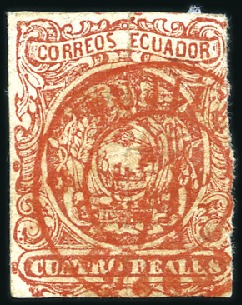 Stamp of Ecuador » 1865-72 First Issue 4r Red, 2nd printing, used with RED PUJILI 1873 cd