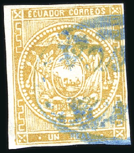 Stamp of Ecuador » 1865-72 First Issue 1r Yellow-Orange, 1st printing, cancelled by green