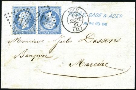 Stamp of France 1862 20c bleu Empire dentelé en paire TÊTE-BÊCHE o