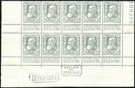 Stamp of Belgium » General issues from 1894 onwards 1905 Grosse Barbe, 50c gris, neuf, bloc de dix, ba