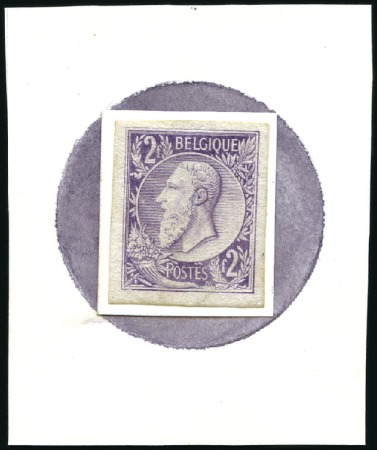Stamp of Belgium » Belgique. 1884-91 Nouveaux types, nouvelles valeurs - La Genèse 2F lilas, épreuve du coin, collé sur petit feuille