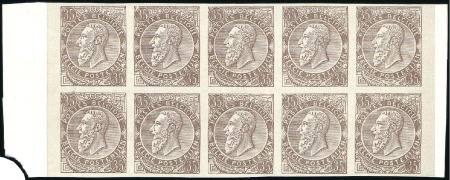 Stamp of Belgium » Belgique. 1884-91 Nouveaux types, nouvelles valeurs - Émission 35c brun, neuf sans gomme, bloc de dix NON DENTELE