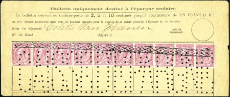 Stamp of Belgium » Belgique. 1893-1900 Armoiries du Royaume et Léopold II fine barbe - Émission 10c rose, deux bandes de cinq annulés roulette et 