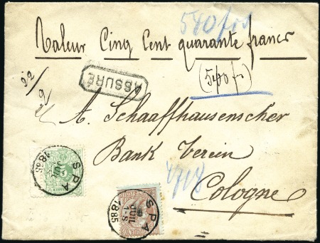 Stamp of Belgium » Belgique. 1884-91 Nouveaux types, nouvelles valeurs - Émission 1F brun-rouge sur vert + 5c vert sur lettre assuré