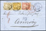 Stamp of Switzerland / Schweiz » Sitzende Helvetia Gezaehnt » Frankaturen 1Fr golden, 30c zinnober und 20c orange