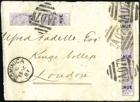 Stamp of Dominica 1879-86 1d Lilac vertical bisect on large part cov