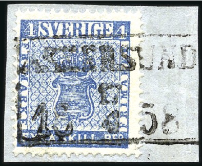 Stamp of Sweden » 1855 Skilling Banco 4sk Blue tied on fragment by nearly complete type