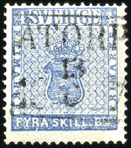 Stamp of Sweden » 1855 Skilling Banco 4sk Blue, central ÅTORP / 13.6.1857 type 2 boxed d