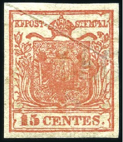 Stamp of Italian States » Lombardy Venetia WITHDRAWN 1850 15c Vermilion, HP, type 1, on verti
