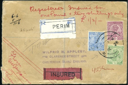 Stamp of India » Used Abroad PERIM: 1928 (Dec 11) Envelope sent insured from Pe