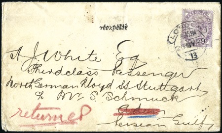 Stamp of India » Used Abroad 1899 (May 26) Incoming envelope from England with