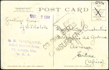 Stamp of India » Used Abroad 1918 (Jul 14) Transiting postcard from the USA to
