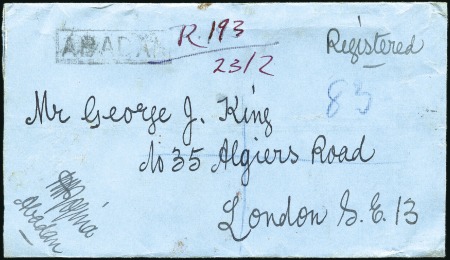 Stamp of India » Used Abroad ABADAN: 1923 (Feb 23) Envelope sent registered fro