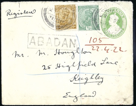 Stamp of India » Used Abroad ABADAN: 1922 (Apr) 1/2a Postal stationery envelope