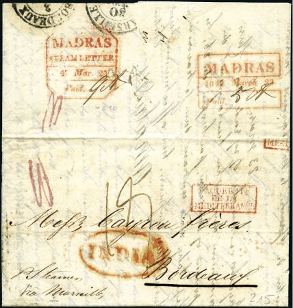 Stamp of India 1842 Entire from Madras to Bordeaux, reverse with